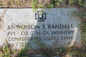 Grave stone for Anderson Smith Randal (April 1, 1833 - December 1, 1875).