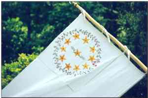 The 34th GA flag is seventy-two and one-half inches by 33 inches. There are three strips of white silk. Each strip is 11 inches wide. They are hand stitched together. The twenty-two inch canton has in the center one gold star with a red dot; above and below the star are two gloves, one pointing up and one pointing down. Each has a gold heart embroidered on the back of it. There are ten other gold stars with red dots in the center. A green wreath and red flowers circle the ten stars. It is patterned exactly after the original. \\ Source: [[http://www.battleofraymond.org/flag.htm|http://www.battleofraymond.org/flag.htm]]