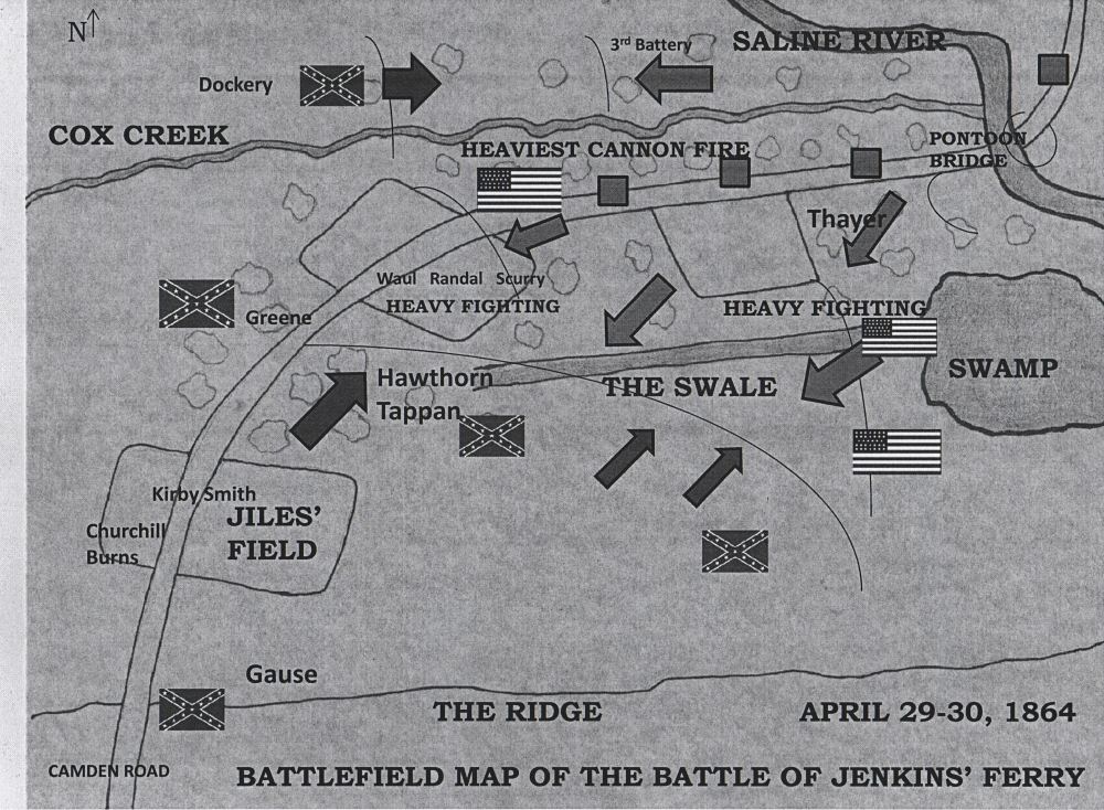 Map depicting the sequence of battle at Jenkins Ferry. [[http://www.civilwaralbum.com/misc/jenkinsferrymap1.htm|source]]