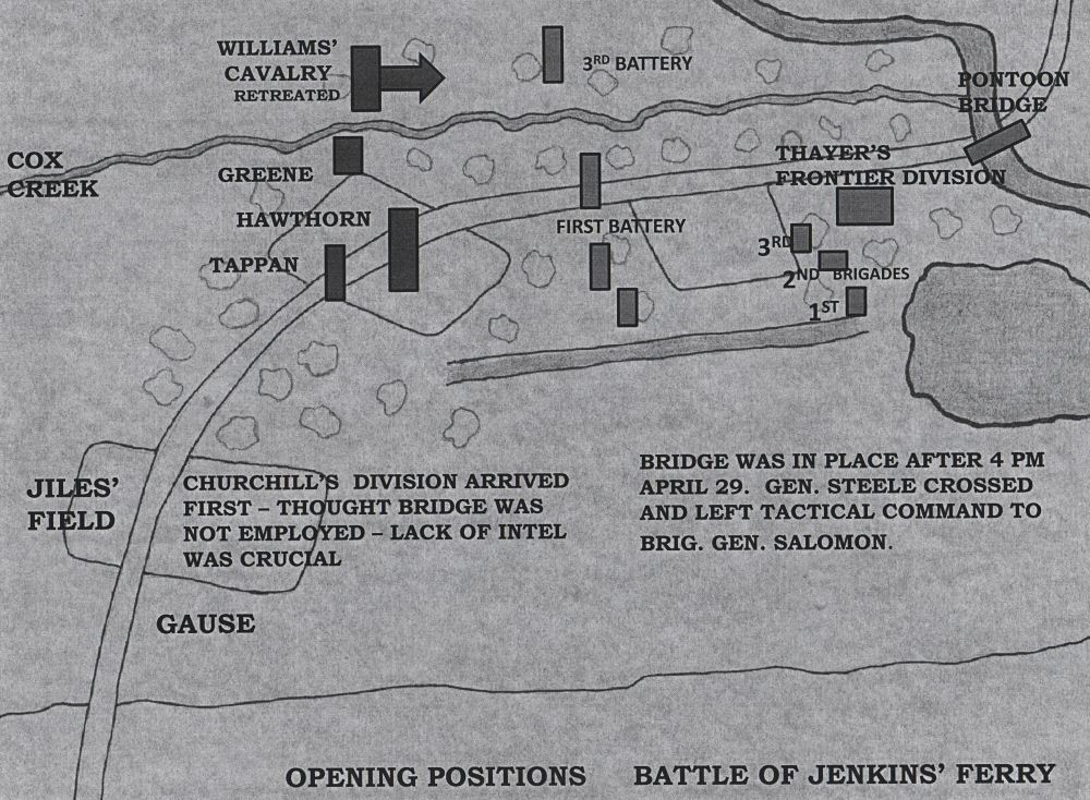 Map depicting the opening positions of forces at Jenkins Ferry. [[http://www.civilwaralbum.com/misc/jenkinsferrymap2.htm|source]]