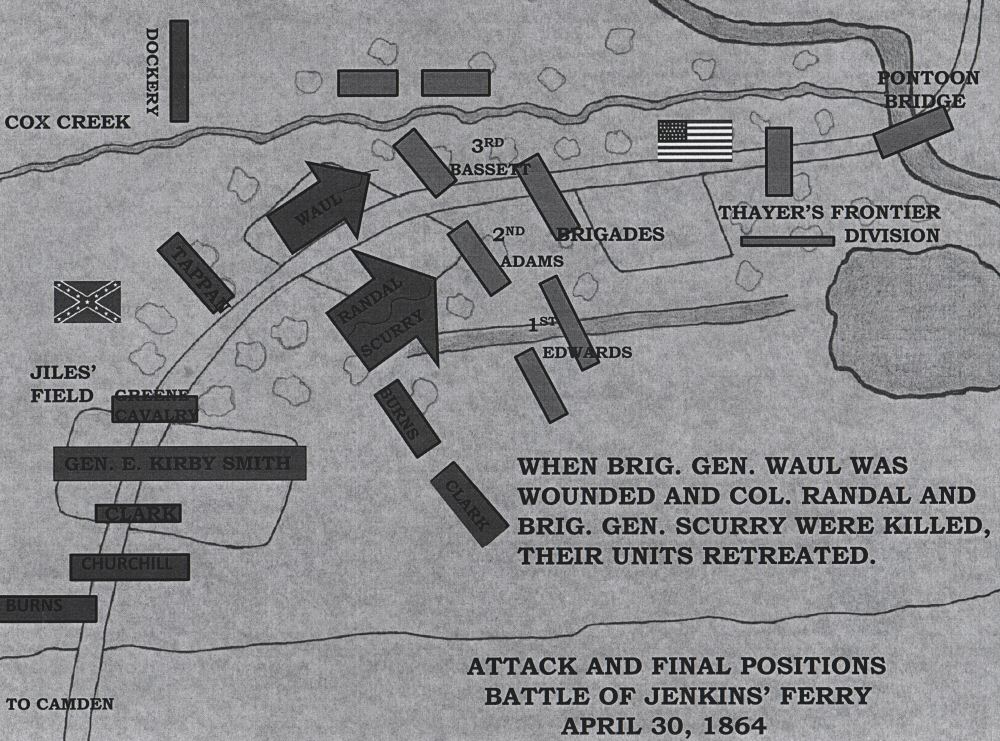 Map depicting the attack and final positions of forces at Jenkins Ferry. [[http://www.civilwaralbum.com/misc/jenkinsferrymap3.htm|source]]
