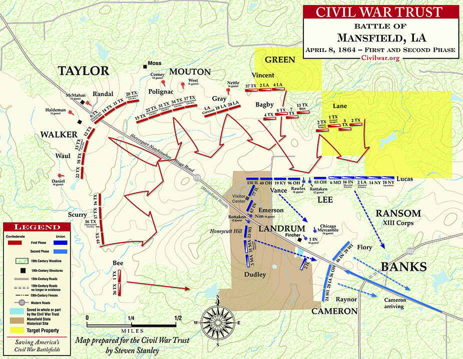 Battle Map: Mansfield, Phases One and Two, April 8, 1864. Note that Randal's Brigade is positioned to the North (below where Taylor's name appears).