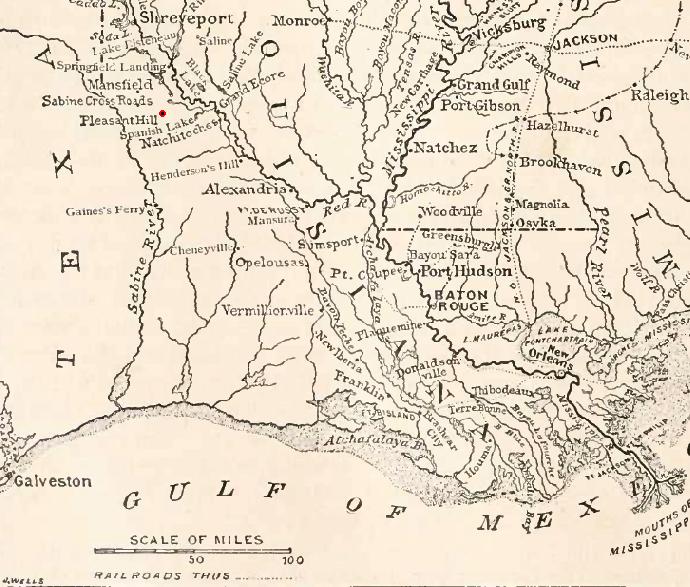 Map of the Red River campaign of 1864 - showing Pleasant Hill, Louisiana (red dot) in 1864 (Map published 1888).