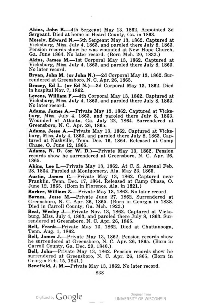 Jesse A. Adams name appears on the Muster Roll for the "34th Regiment, Georgia Infantry, Company K. This is the first record of his middle initial... and likely that his middle name was "Anderson".