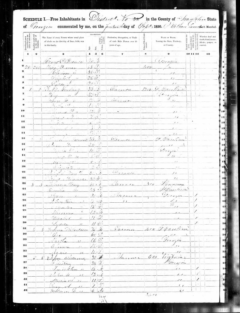 1850 U.S. Census. Jesse Adam's family begins on line 36.