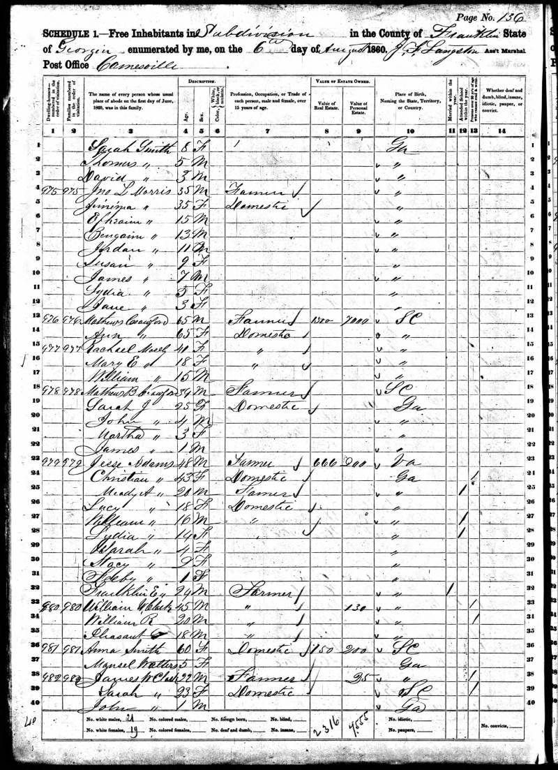 1860 U.S. Census. Jesse Adam's family begins on line 22.