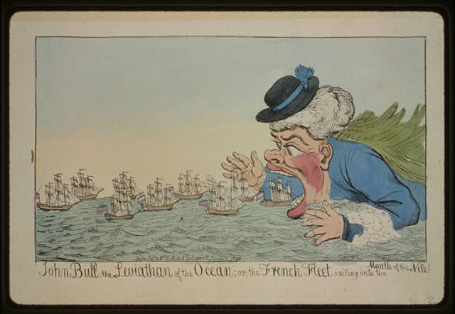  First published in London by W. Holland, Dec. 12 1798, this cartoon shows John Bull eating French sailing ships; a satire on the French defeat during the War of the Second Coalition, possibly refers to the Battle of the Nile. Source: [[http://www.loc.gov/pictures/item/89712637/]]