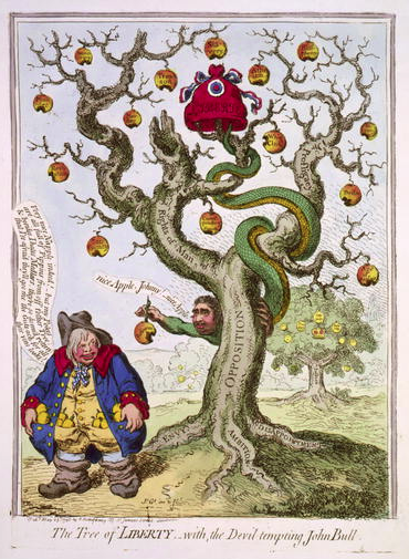 Pubd. by H. Humphrey, 1798 May 23d. Round a bare and decayed oak tree is twined a serpent with the head of Fox; he holds a damaged apple inscribed "reform" to John Bull, who is fat and his pockets bulge with golden apples. The trunk of the tree is "opposition"; its roots are: envy, ambition, disappointment. Each rotten apple has an inscription: democracy, treason, slavery, etc. In the background is an oak in full leaf: its trunk is "Justice", the roots Commons, King, Lords, the branches Laws and Religion. From it hangs a crown surrounded by apples, some inscribed Freedom, Happiness, Security. Source: [[http://www.loc.gov/pictures/item/94509824/]]