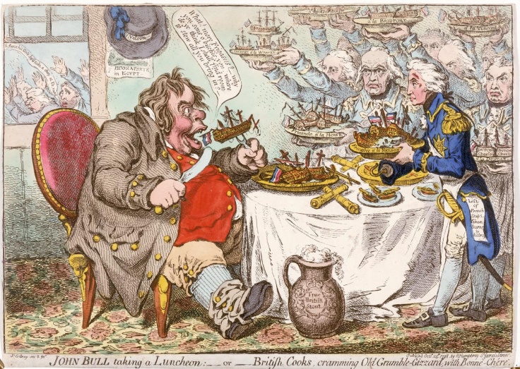 This print was published on 24 October 1798, just after Nelson's victory at the Battle of the Nile. He is shown in the forefront of British admirals and naval heroes, serving up victories for ‘Old Grumble-Gizzard’, the British public, to satisfy its appetite for ‘frigasees’ of enemy ships, washed down with 'True British Stout'.