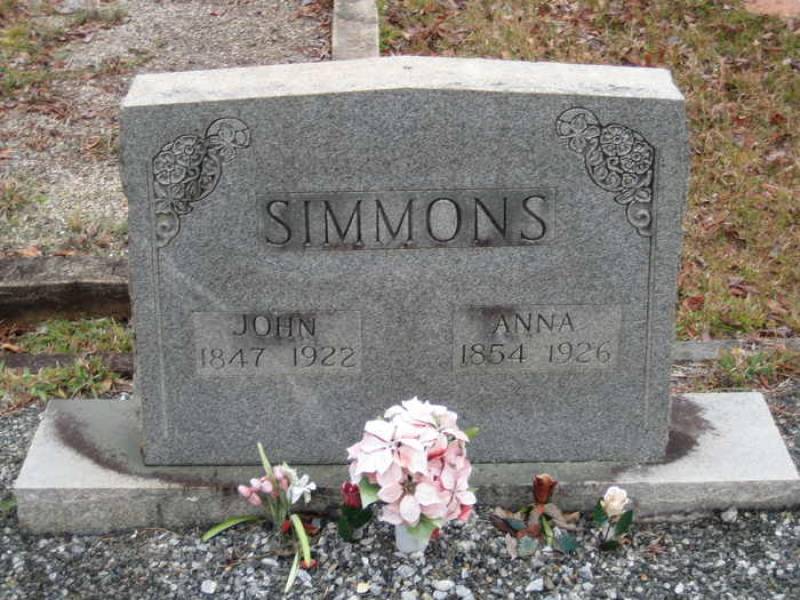 Simmon tombstone inscribed: "John, 1847-1922" - "Anna, 1854-1926"
