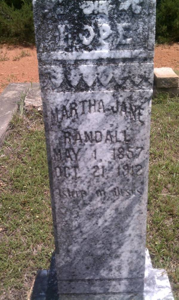 Martha Jane Randall. May 1, 1857 - Oct. 21, 1912. Asleep in Jesus.