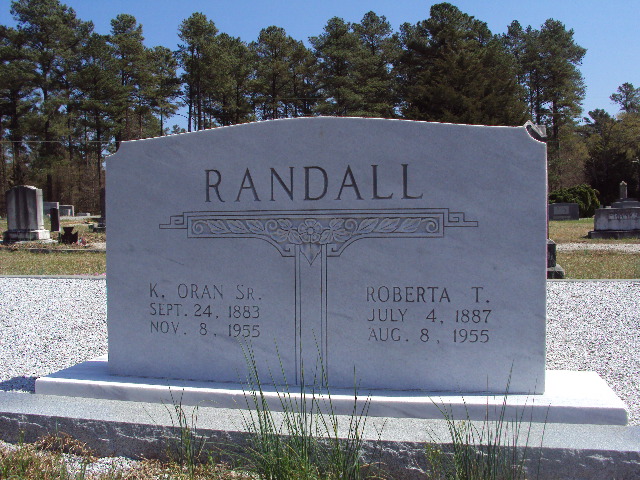 Tombstone for King Oran Randall, Sr. (September 24, 1883 – November 8, 1955) and his wife, Mattie Roberta Tyler (July 4, 1887 - Aug. 8, 1955).
