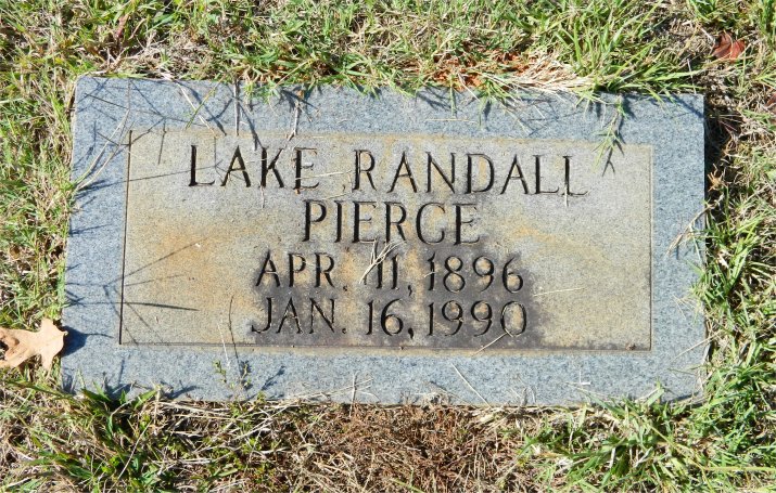 Gravestone for Lake Randall Pierce (April 11, 1896 – January 16, 1990).