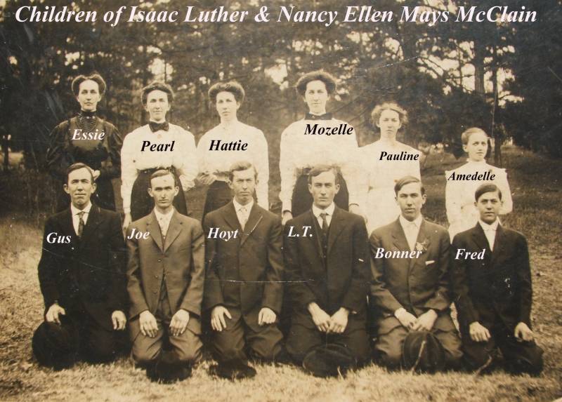 The children of Isaac Luther McClain & Ellen May. Thomas Bonner McClain is in the front row, 2nd from right.