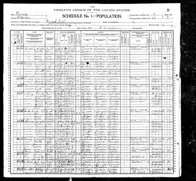 1900 U.S. Federal Census. Sophia Randal appears on line 62.