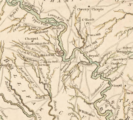 A portion of John Collet's 1770 map of North Carolina depicting the environs of Halifax and the Roanoke River.