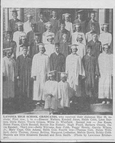 Clarke Randall's High School Graduation photo (May 26, 1952). Clarke appears in the second row, third from left. His sister, Elizabeth Randall, is the child on the front row, left.