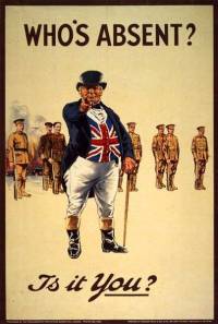 WW I recruiting poster, "Who's Absent? Is It You?" ca. 1916. Courtesy of the Imperial War Museum, London (77A)
[[http://www.loc.gov/exhibits/british/images/77avc.jpg]]