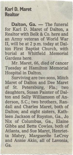 Obituary for Karl Duane Maret (Dec. 19, 1926 - Oct. 26, 1993). Son of Sara Sophia Felton Randall & Karl Eugene Maret.