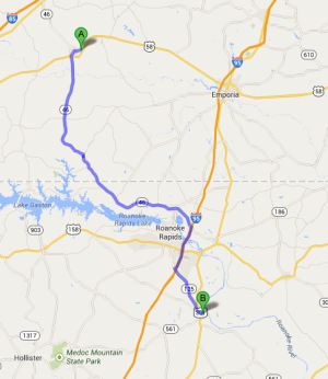 The distance from Brunswick, VA (A) to Halifax, NC (B) is approx. 43 miles.