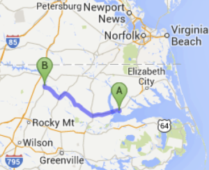 The route from Edenton, NC (A) to Halifax, NC (B).