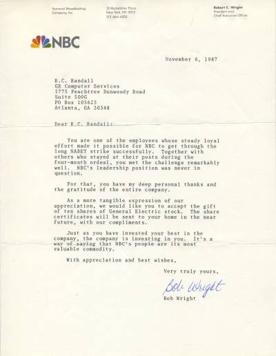 Letter to Richard C. Randall, from [[https://en.wikipedia.org/wiki/Bob_Wright|Robert C. Wright]], NBC President and CEO from 1986 to 2001.