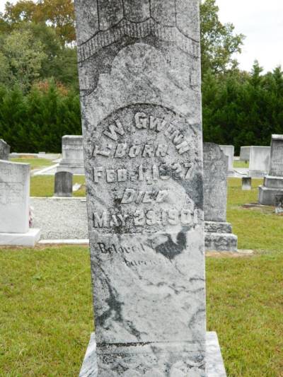 Inscription reads: "T.W. Gwinn. Born Feb. 1, 1827. Died May 29, 1901."