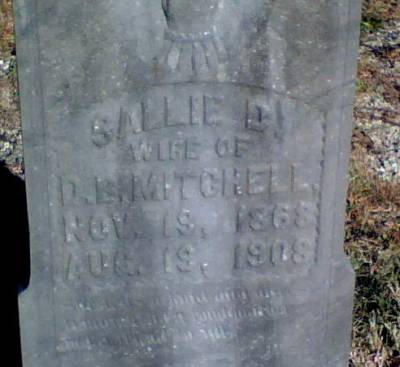 Inscribed: "Sallie D.\\ Wife of D.B. Mitchell\\ Nov. 19, 1868\\ Aug. 19, 1908"