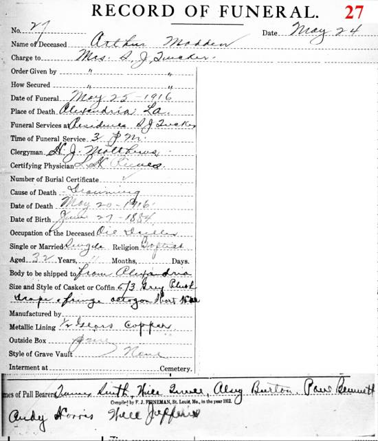 Record of funeral for Arthur Wiley Madden.