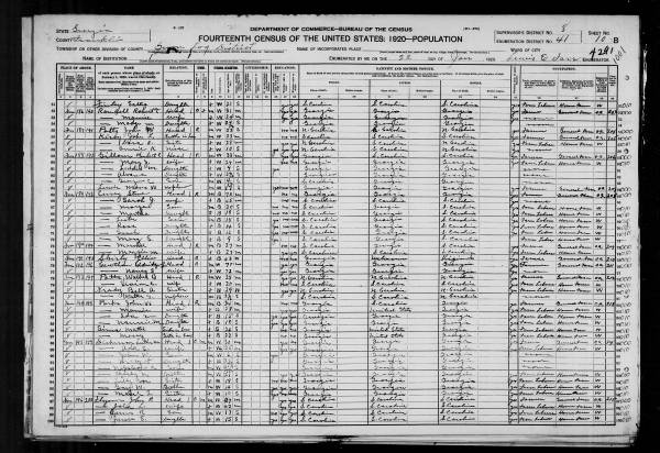 1920 U.S. Census. The family of Robert Thomas Randal begins on line