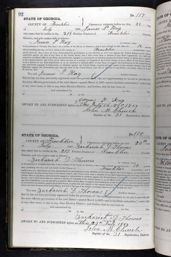 Georgia Oath of Allegiance to US signed by Zachariah D. Thomas, July 23, 1867.