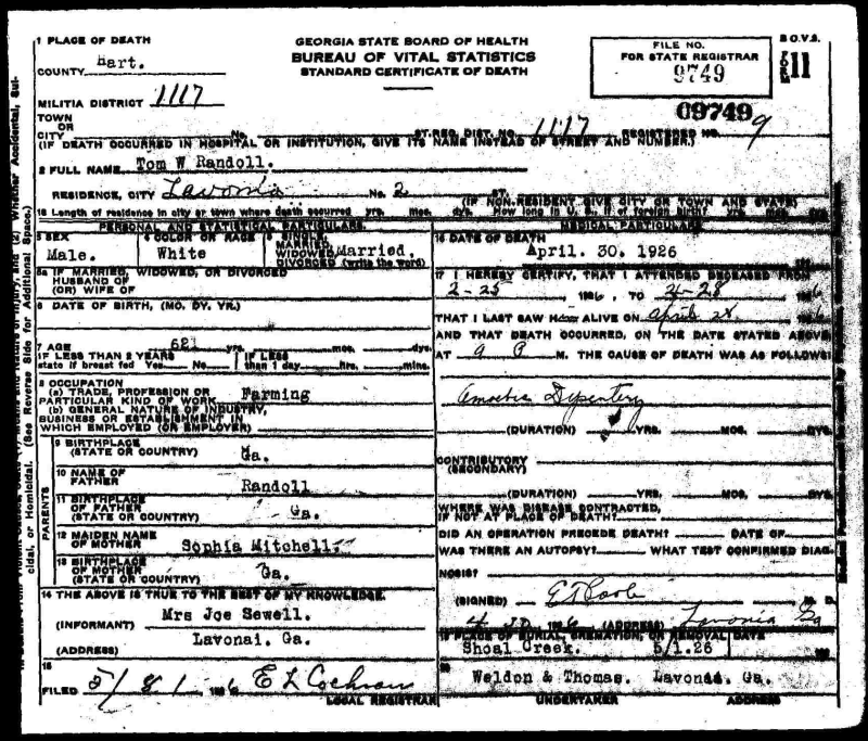 Thomas Watson Randall - Death Certificate. Source: "Georgia, Deaths, 1914-1927," index and images, FamilySearch (https://familysearch.org/pal:/MM9.3.1/TH-267-11096-20408-62?cc=1320969 : accessed 22 January 2015), 004179365 > image 1120 of 1498; Department of Archives and History, Atlanta.