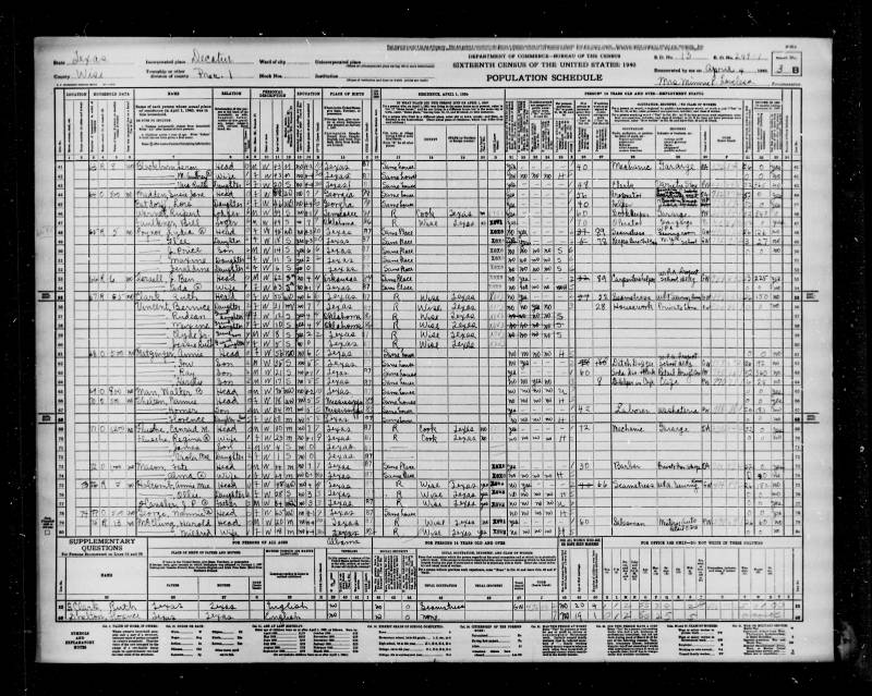 1940 U.S. Census. Susie Jane Madden is listed on line 44.