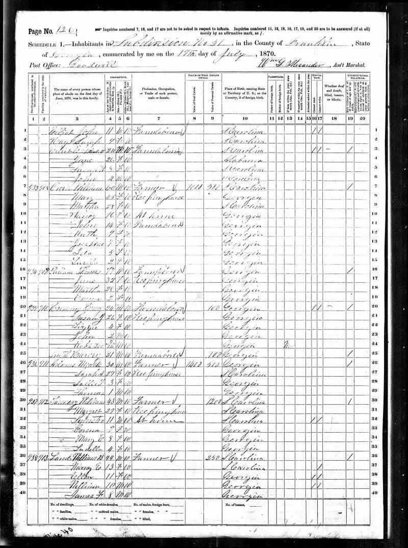 1870 U.S. Census. Mead Anderson Adam's family begins on line 26.
