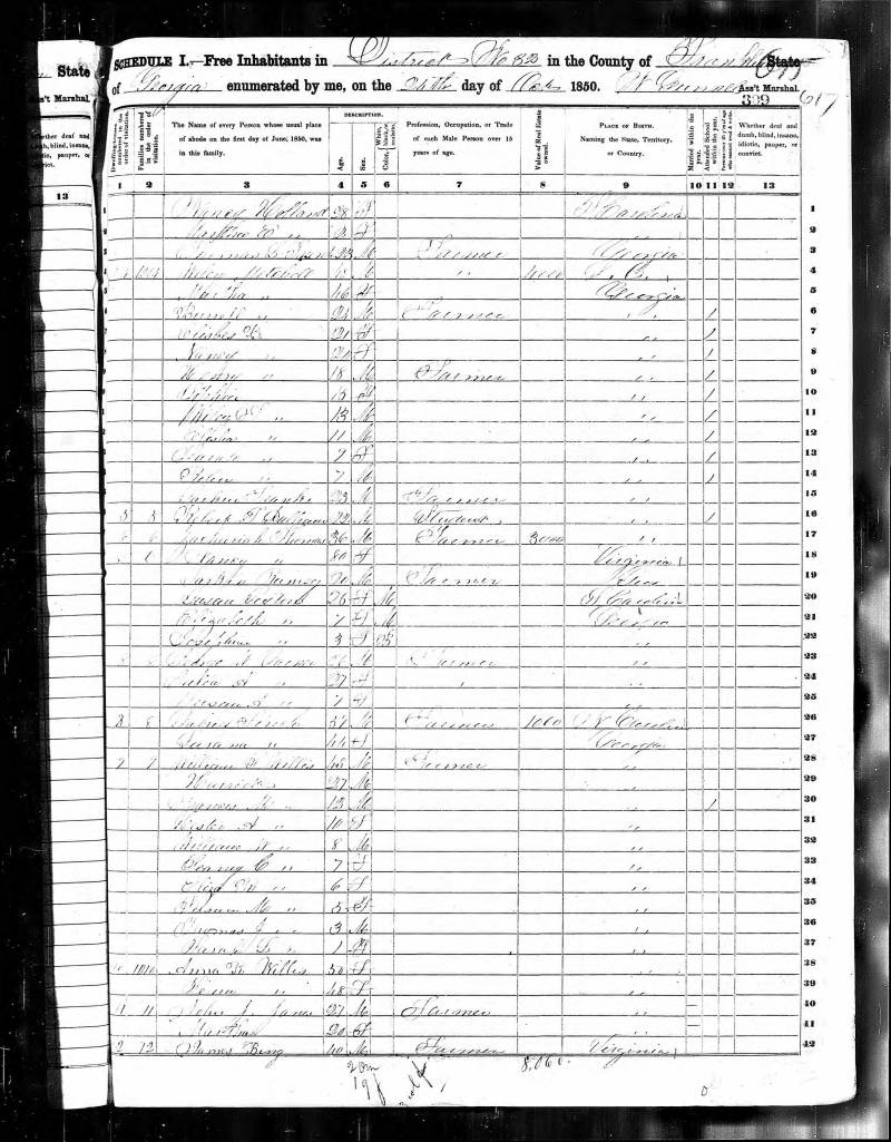 1850 U.S. Census. Wiley Mitchell appears on line 4.