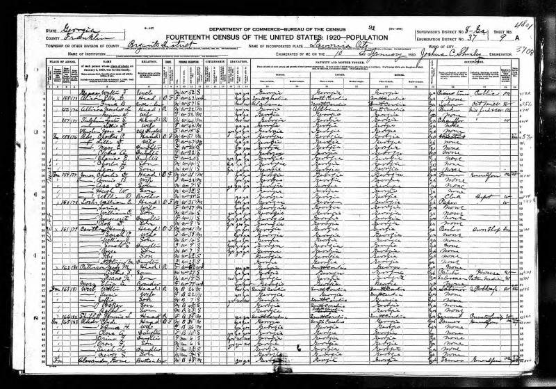1920 U.S. Census. Wade Hampton "Hamp" Cawthon's family begins on line 26.