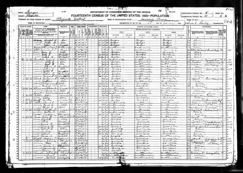 1920 U.S. Census. Eugenia Randall's family begins on line 9.