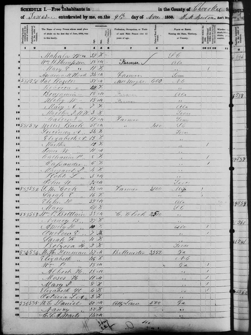 1850 Census (dated Nov. 9, 1850). Moses Hampton Denman's family begins on line 32.