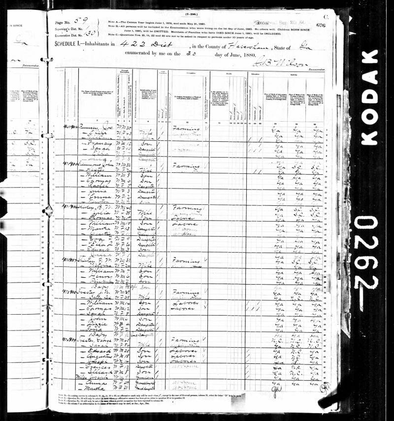 1880 U.S. Census. John Simmon's family begins on line 40.