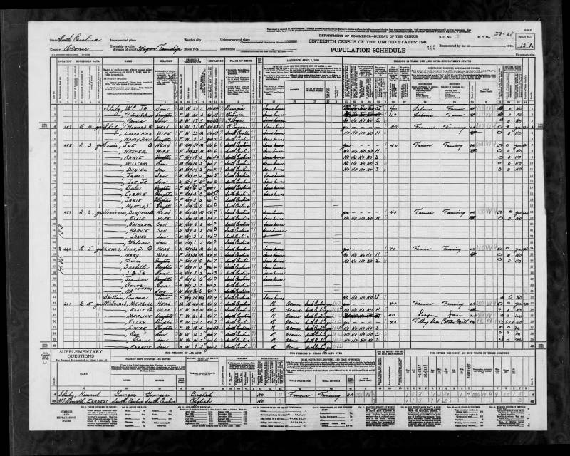1940 United States Federal Census, Sheet 15A. William C Shirley's family continues at line 1 (from Sheet 14B).