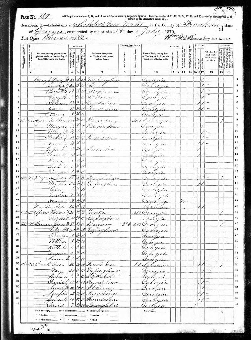 1870 United States Federal Census. James M. Farmer's family begins on line 26.