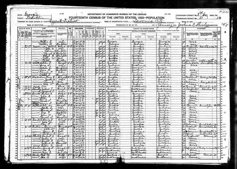 1920 U.S. Census. Henry Oran Randall's family beings on line 84.