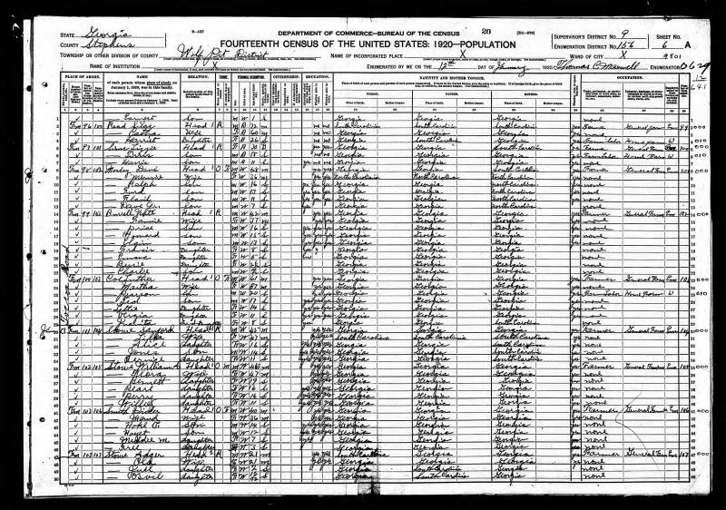 1920 U.S. Census. Russell O. Simmons's family continues on line 51.