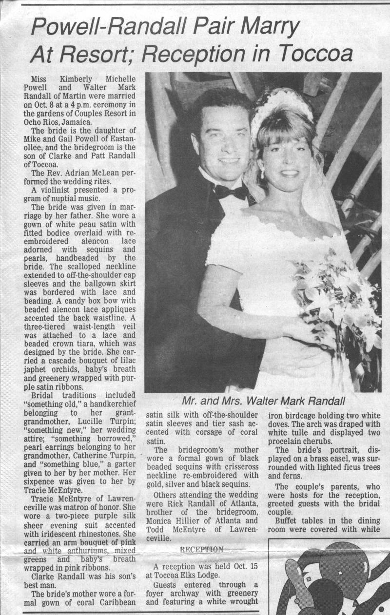 "Powell-Randall Pair Marry At Resort: Reception in Toccoa" appearing in the "Toccoa Record" newspaper dated October 27, 1994.