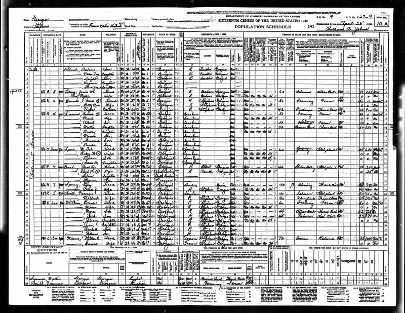 1940 United States Federal Census. Thomas Bonner McClain's family begins at line 31.