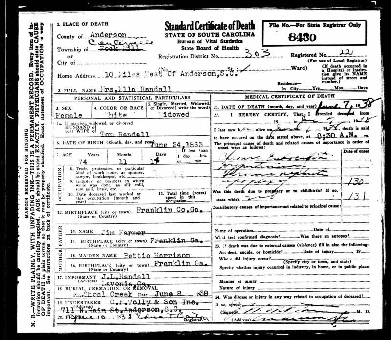 Death Certificate for Rutha Ella Farmer-Randall (indicating that she died on June 8, 1938).