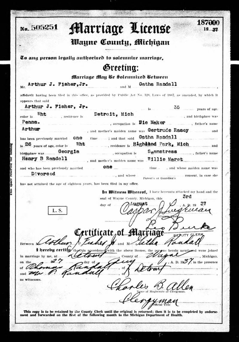 Marriage License for Agatha "Gatha" Muriel Randall and Arthur Jackson Fisher.