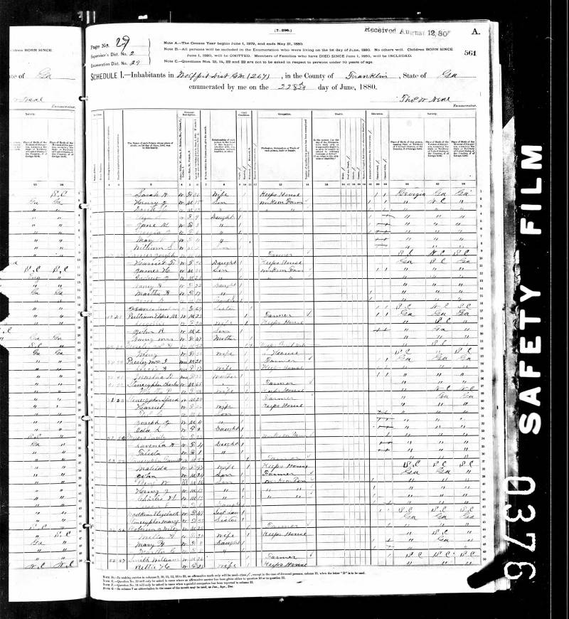 1880 U.S. Census. Charles Stonecypher is listed on Line 26, followed by Martha P.