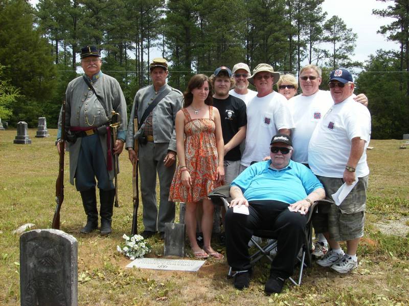 The Danny Randall Family at Anderson Smith Randal's grave. From left: Confederate Re-enactors (2), Katie Randall (Daughter), Matthew Randall (Son), Danny Randall, Kenny Randall (Brother), Mike Randall (Brother); Jonny Randall (Brother). Seated: Irwin Randall (Father of Danny Randall) – June 26, 2008.