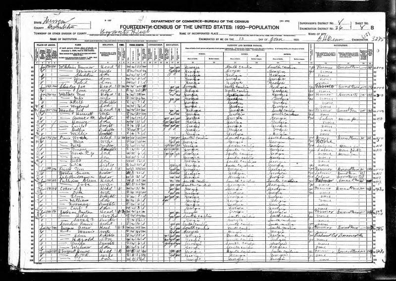 1920 United States Federal Census. Thomas Bonner McClain's family begins at line 51 (at top of page).
